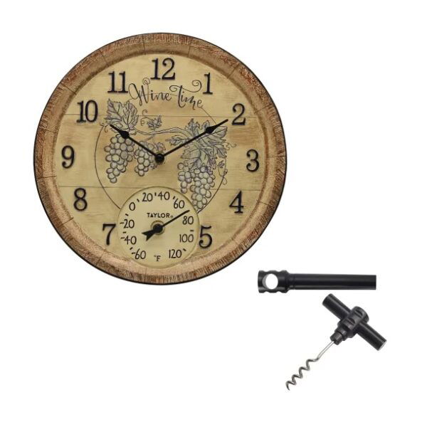 Taylor Wine Time Poly Resin Clock and Thermometer with Bonus Corkscrew